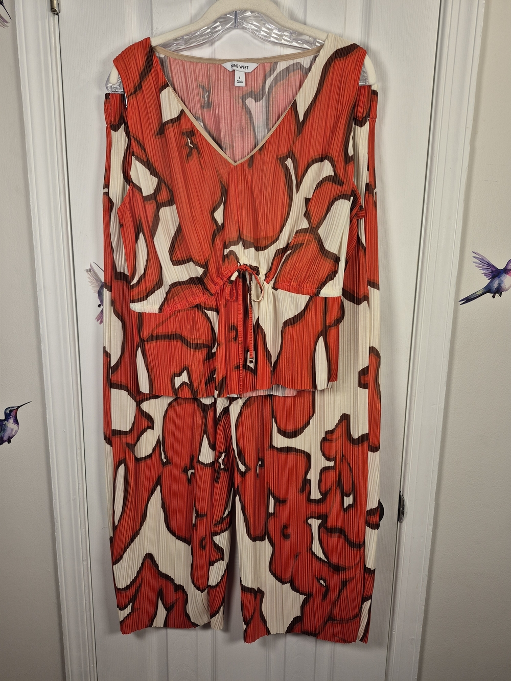​Nine West Plissé Pleated Two Piece Set Floral Wide Leg Palazzo Pants Boho Large - Picture 4 of 8
